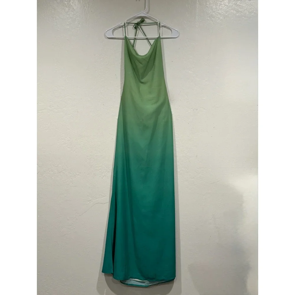 Peppermayo Green Ombre Halter Maxi Dress Cowl Neck Open Back Size 0 XXS